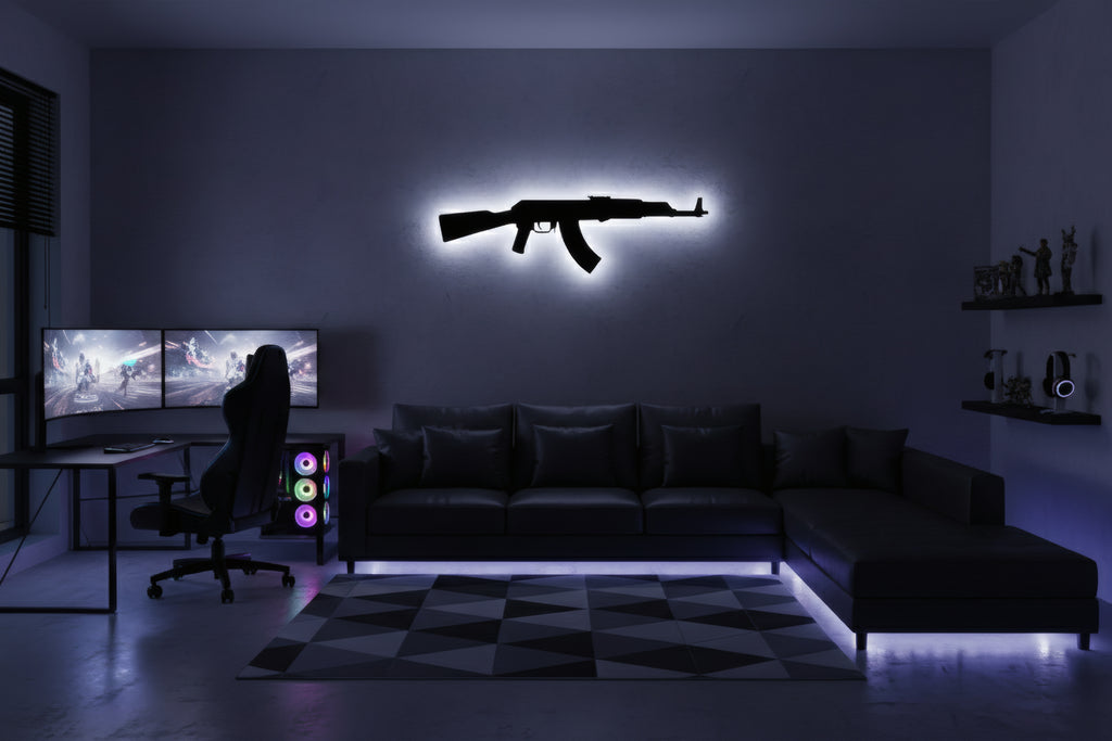 Drewniana dekoracja ścienna Karabin AK47 (ręcznie wykonana) + opcja LED