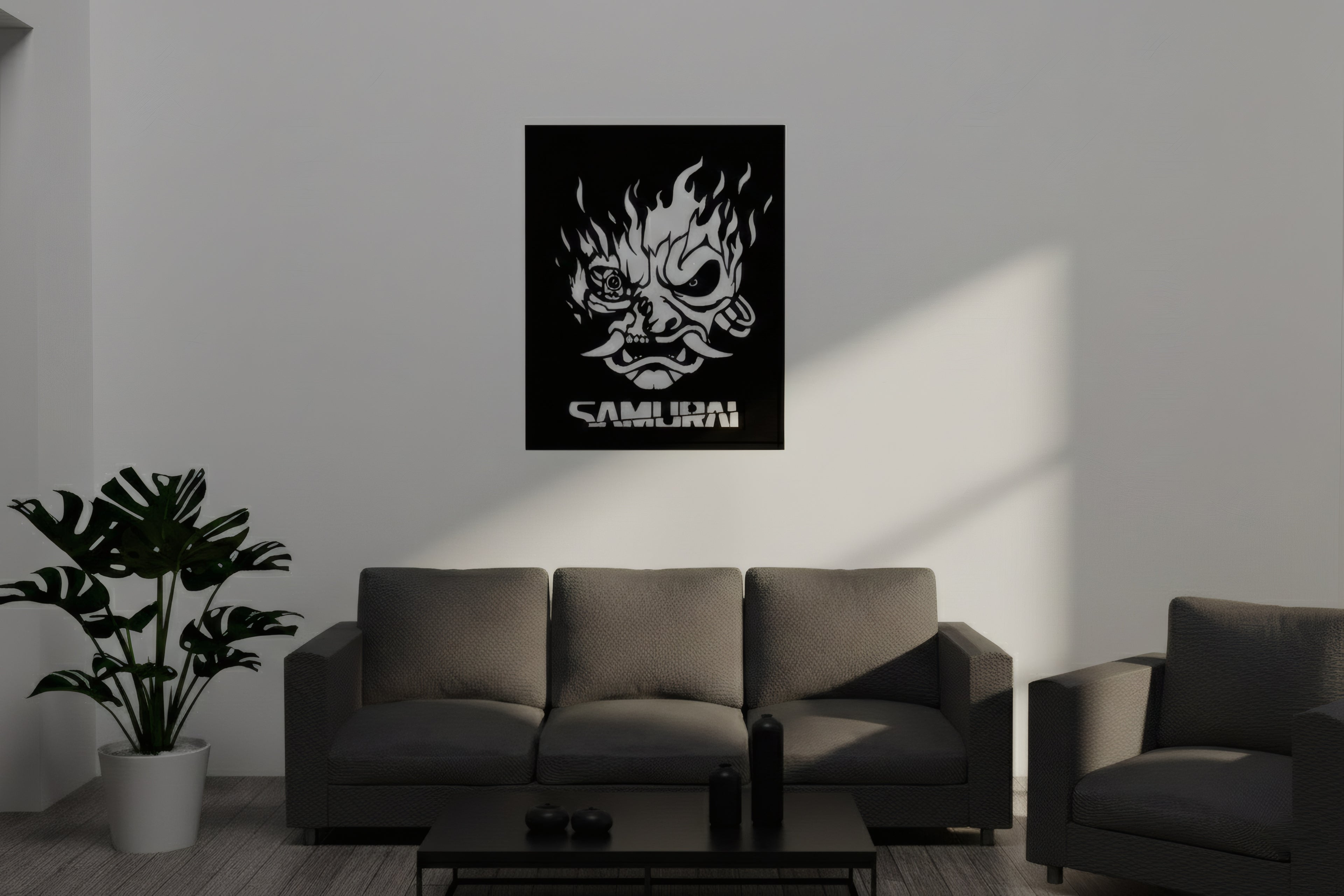 Drewniana dekoracja ścienna Samurai Cyberpunk (ręcznie wykonana) + opcja LED