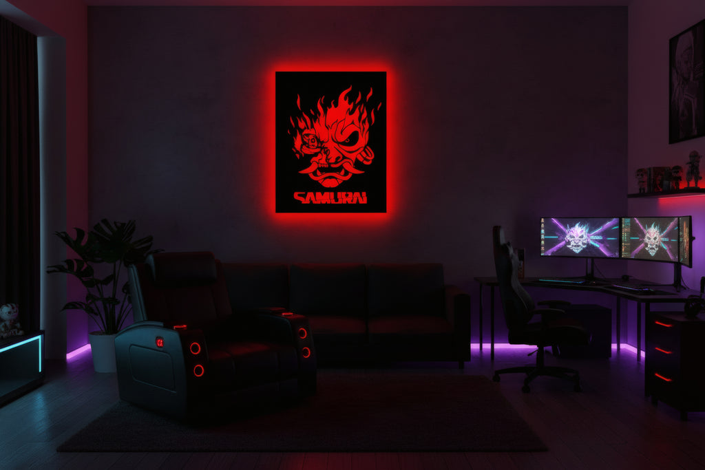 Drewniana dekoracja ścienna Samurai Cyberpunk (ręcznie wykonana) + opcja LED