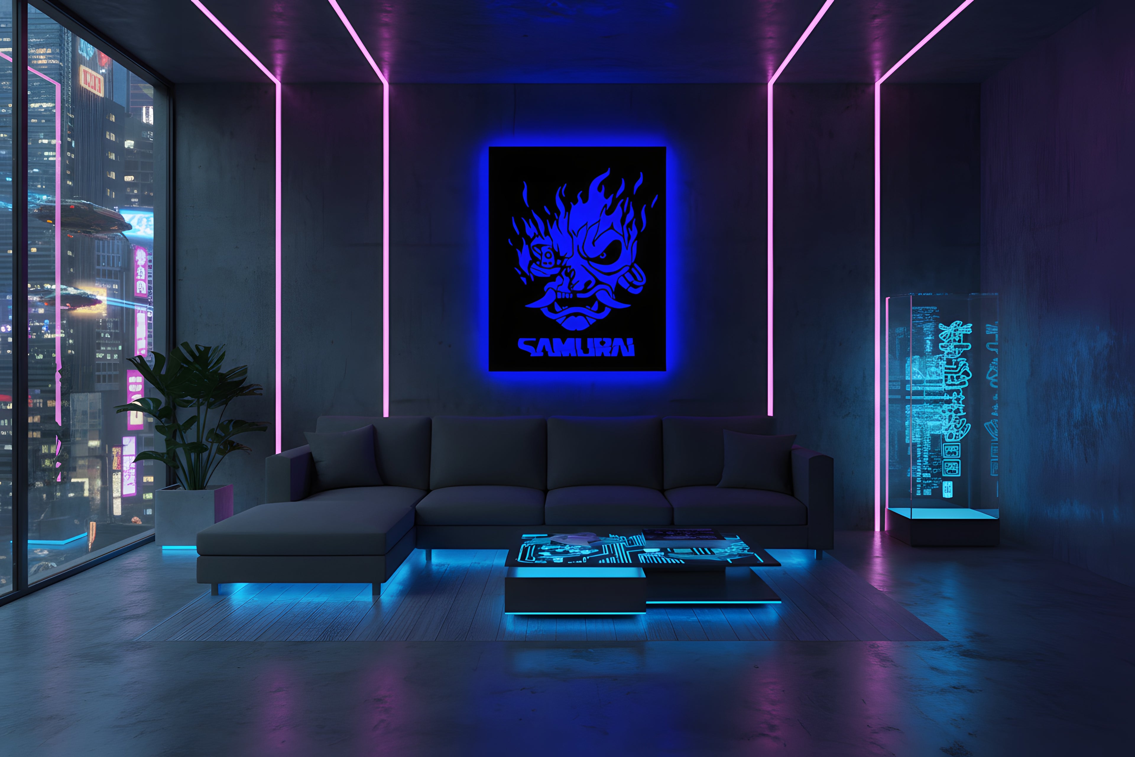 Drewniana dekoracja ścienna Samurai Cyberpunk (ręcznie wykonana) + opcja LED