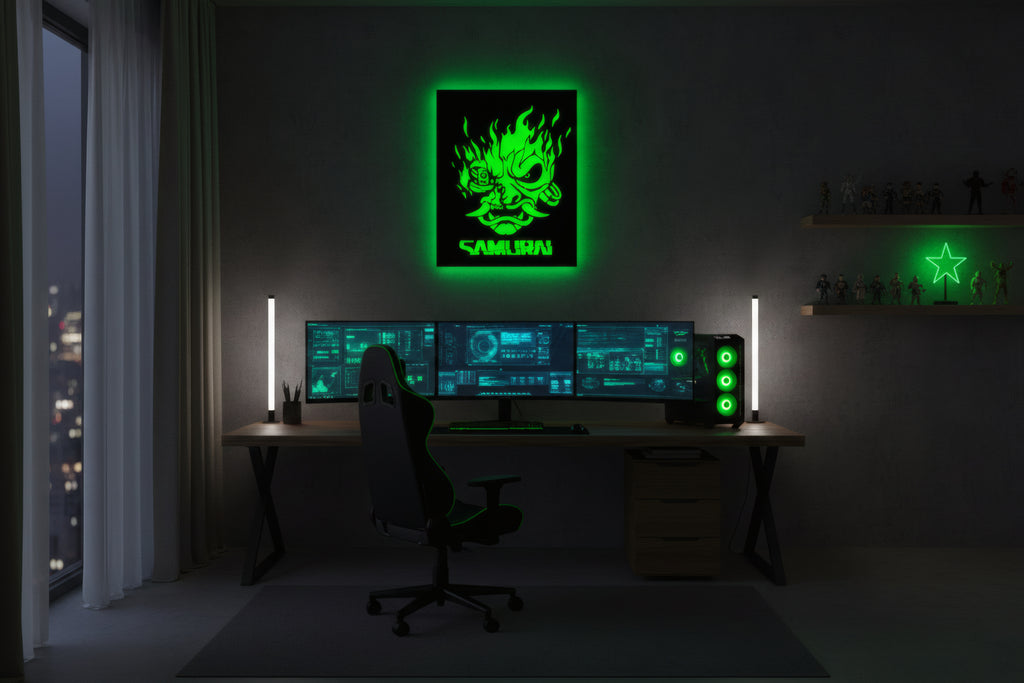 Drewniana dekoracja ścienna Samurai Cyberpunk (ręcznie wykonana) + opcja LED