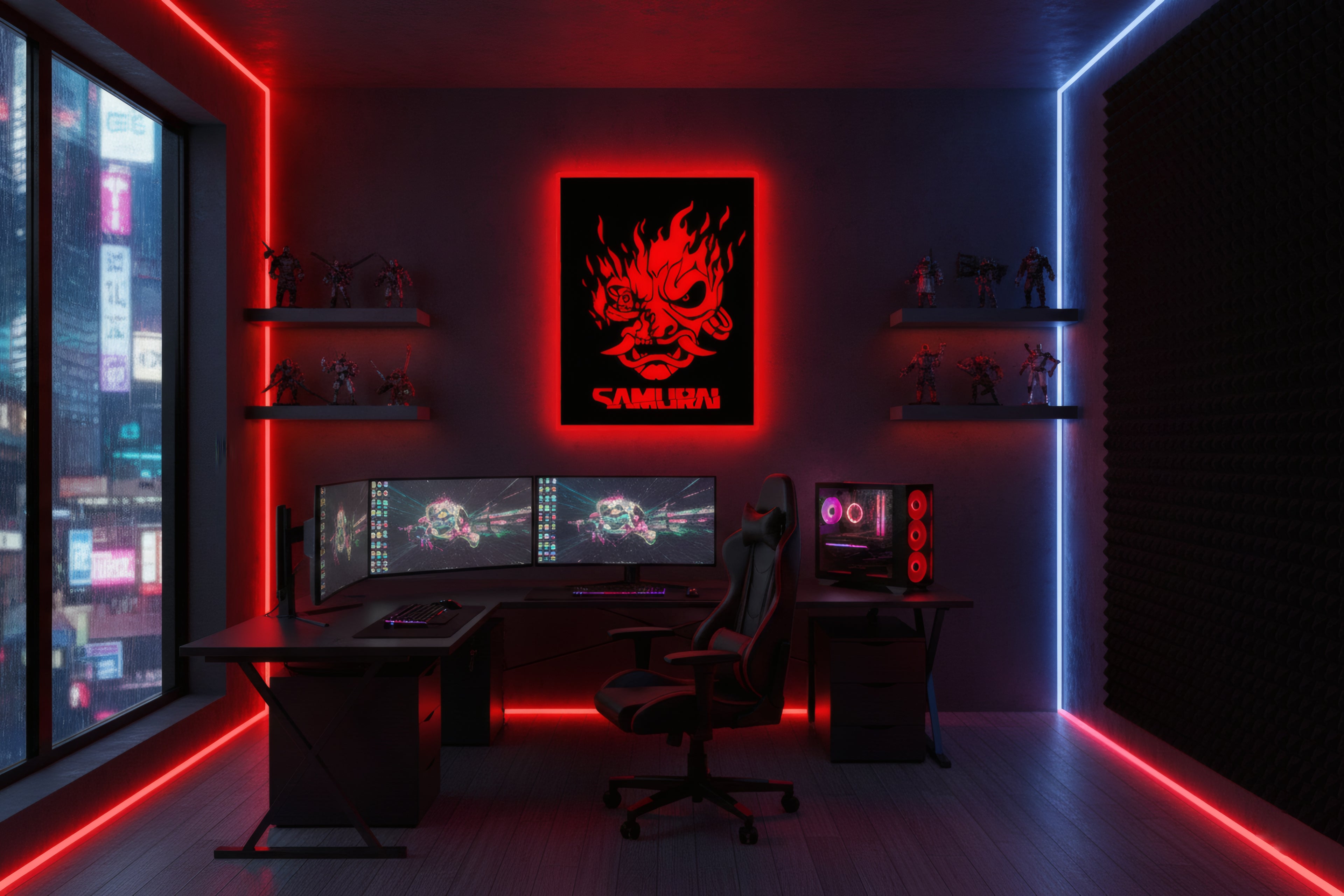 Drewniana dekoracja ścienna Samurai Cyberpunk (ręcznie wykonana) + opcja LED