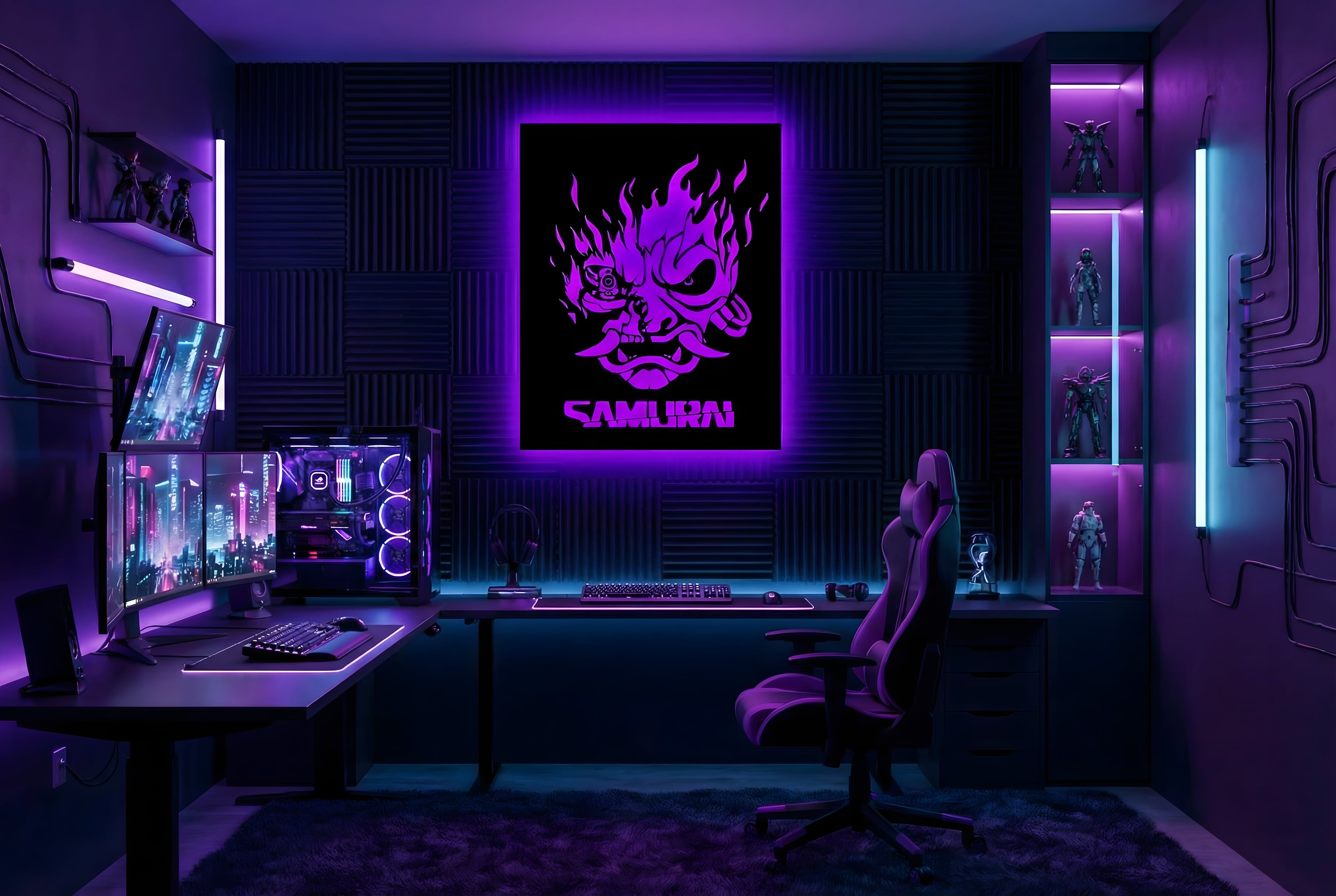 Drewniana dekoracja ścienna Samurai Cyberpunk (ręcznie wykonana) + opcja LED