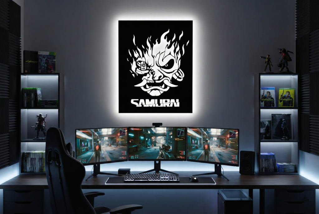 Drewniana dekoracja ścienna Samurai Cyberpunk (ręcznie wykonana) + opcja LED