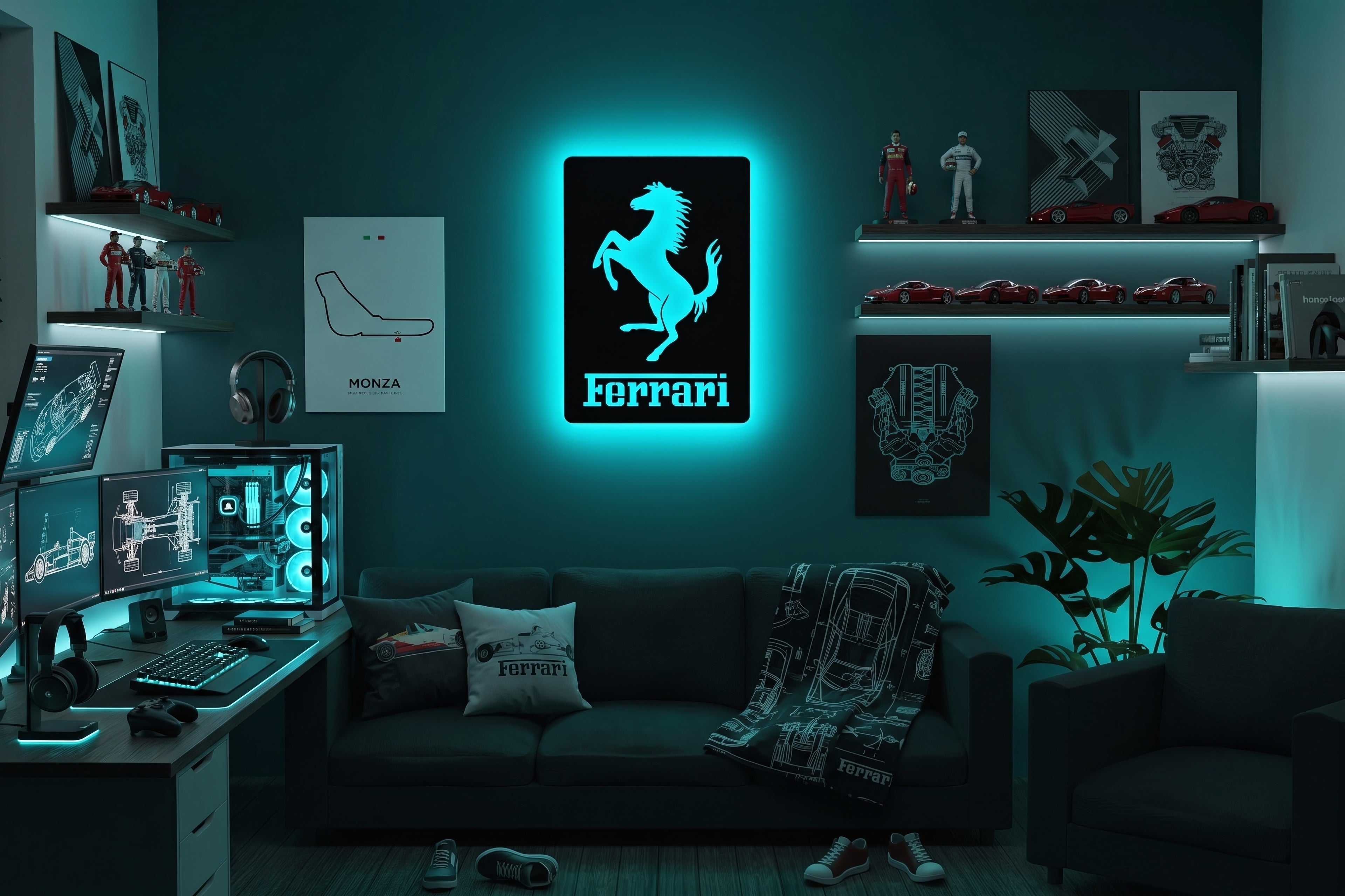 Drewniana dekoracja ścienna Ferrari (ręcznie wykonana) + opcja LED