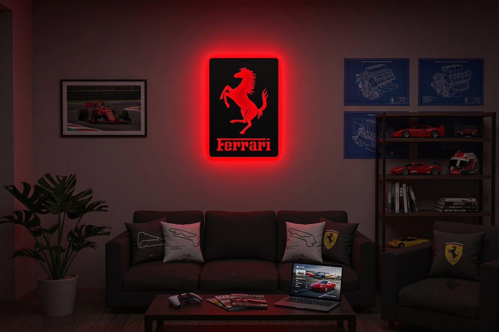 Drewniana dekoracja ścienna Ferrari (ręcznie wykonana) + opcja LED
