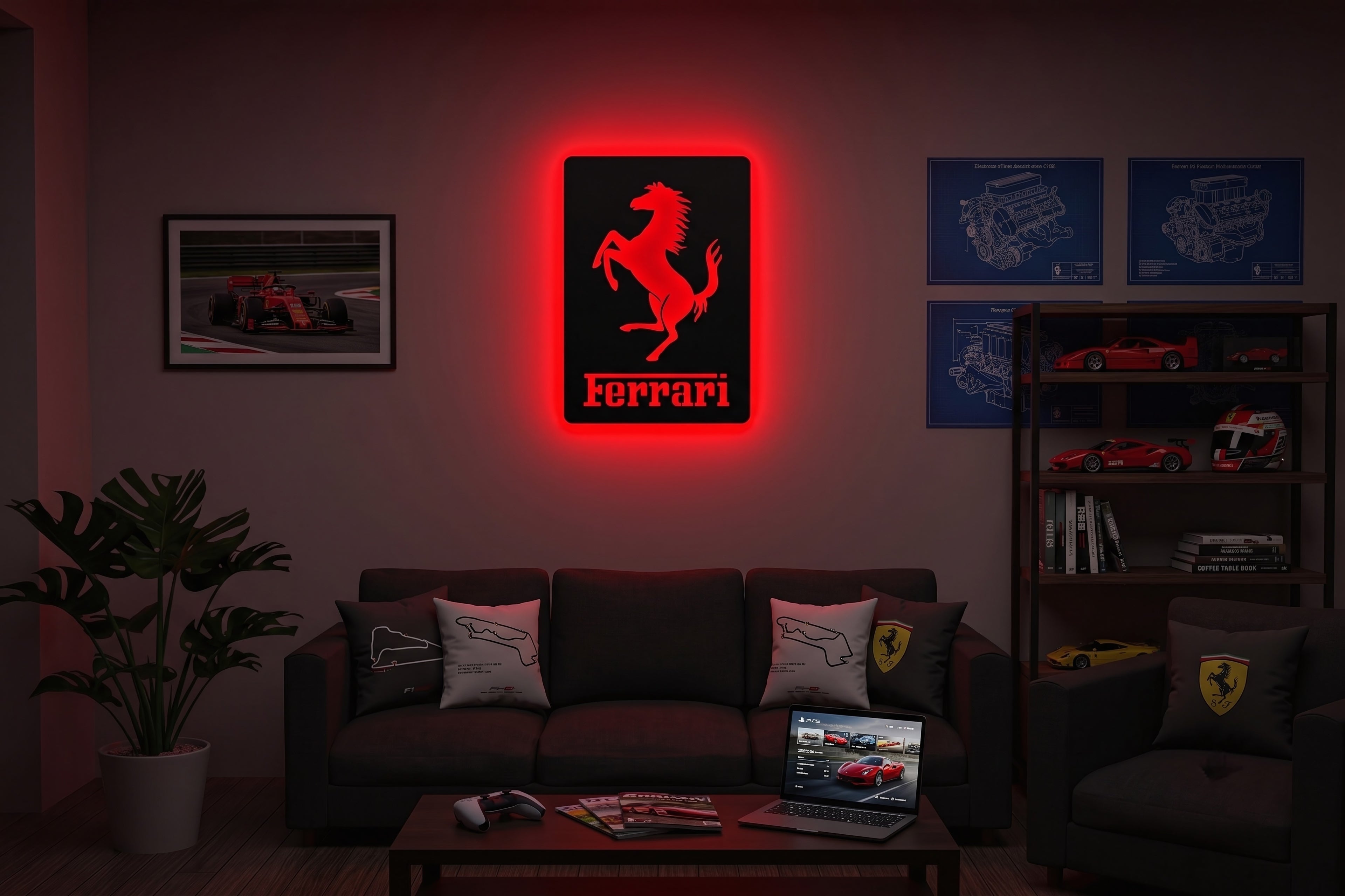 Drewniana dekoracja ścienna Ferrari (ręcznie wykonana) + opcja LED