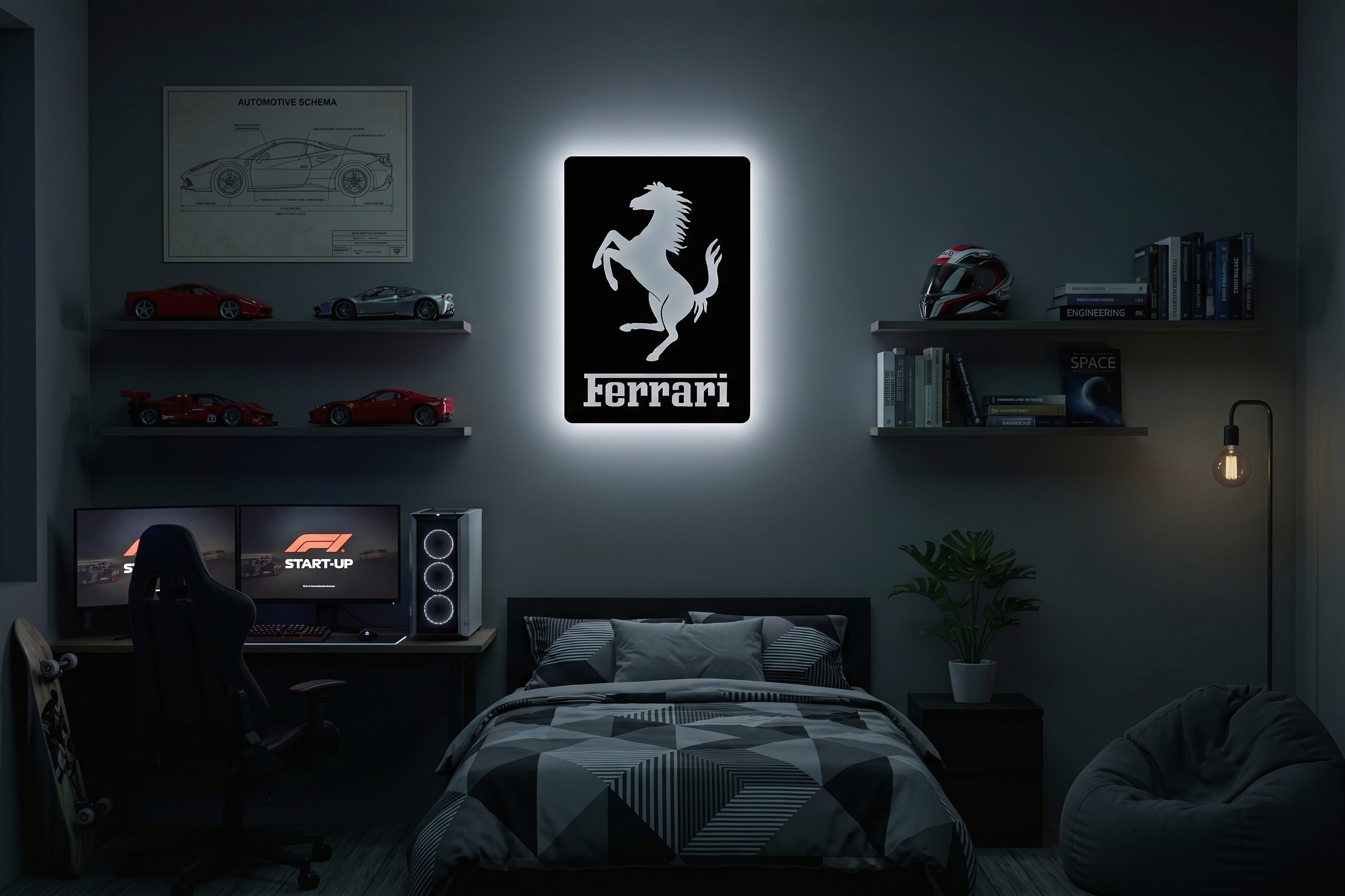 Drewniana dekoracja ścienna Ferrari (ręcznie wykonana) + opcja LED