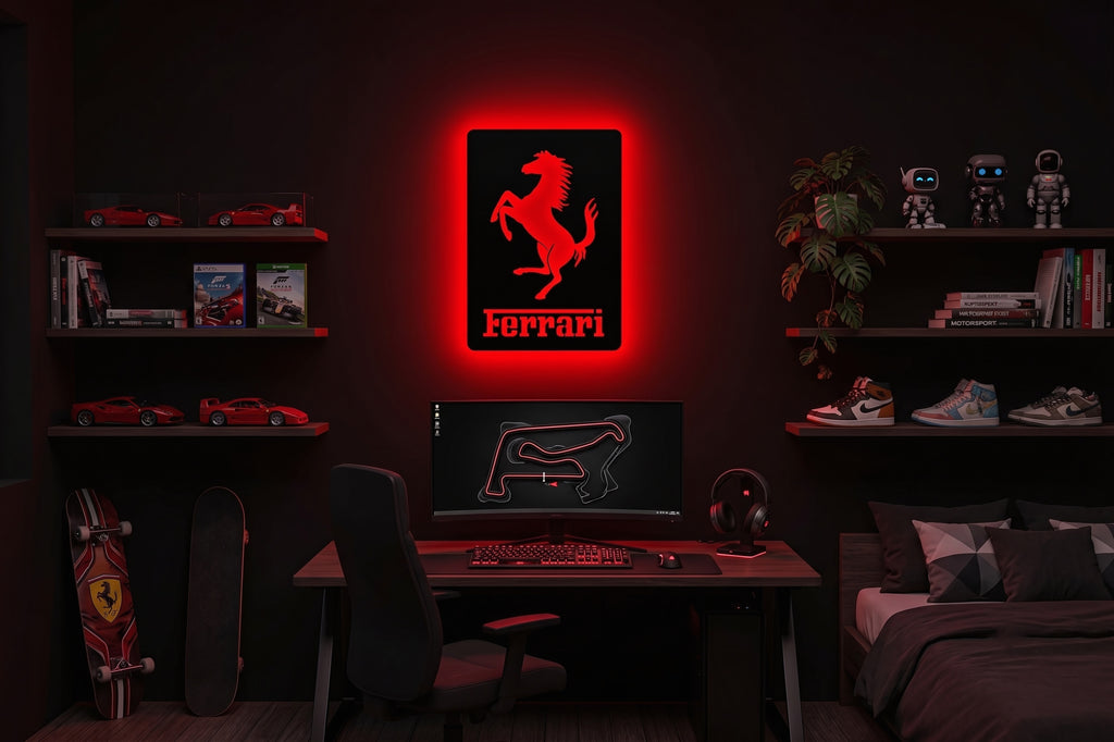 Drewniana dekoracja ścienna Ferrari (ręcznie wykonana) + opcja LED