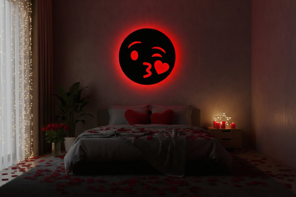 Romantyczna drewniana dekoracja ścienna Emoji z Serduszkiem (ręcznie wykonana) + opcja LED