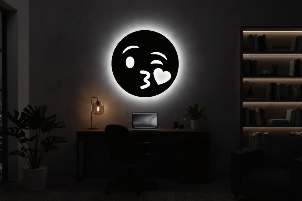 Romantyczna drewniana dekoracja ścienna Emoji z Serduszkiem (ręcznie wykonana) + opcja LED